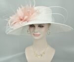White Blush Pink Feather Flower Wide Brim Kentucky Derby Hat - Image 6
