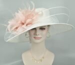 White Blush Pink Feather Flower Wide Brim Kentucky Derby Hat - Image 8