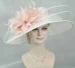 White Blush Pink Feather Flower Wide Brim Kentucky Derby Hat - Image 7