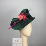 Dark Green Fascinator with Pink Flowers - Image 2