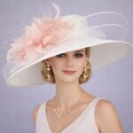 White Blush Pink Feather Flower Wide Brim Kentucky Derby Hat - Image 9