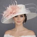 White Blush Pink Feather Flower Wide Brim Kentucky Derby Hat